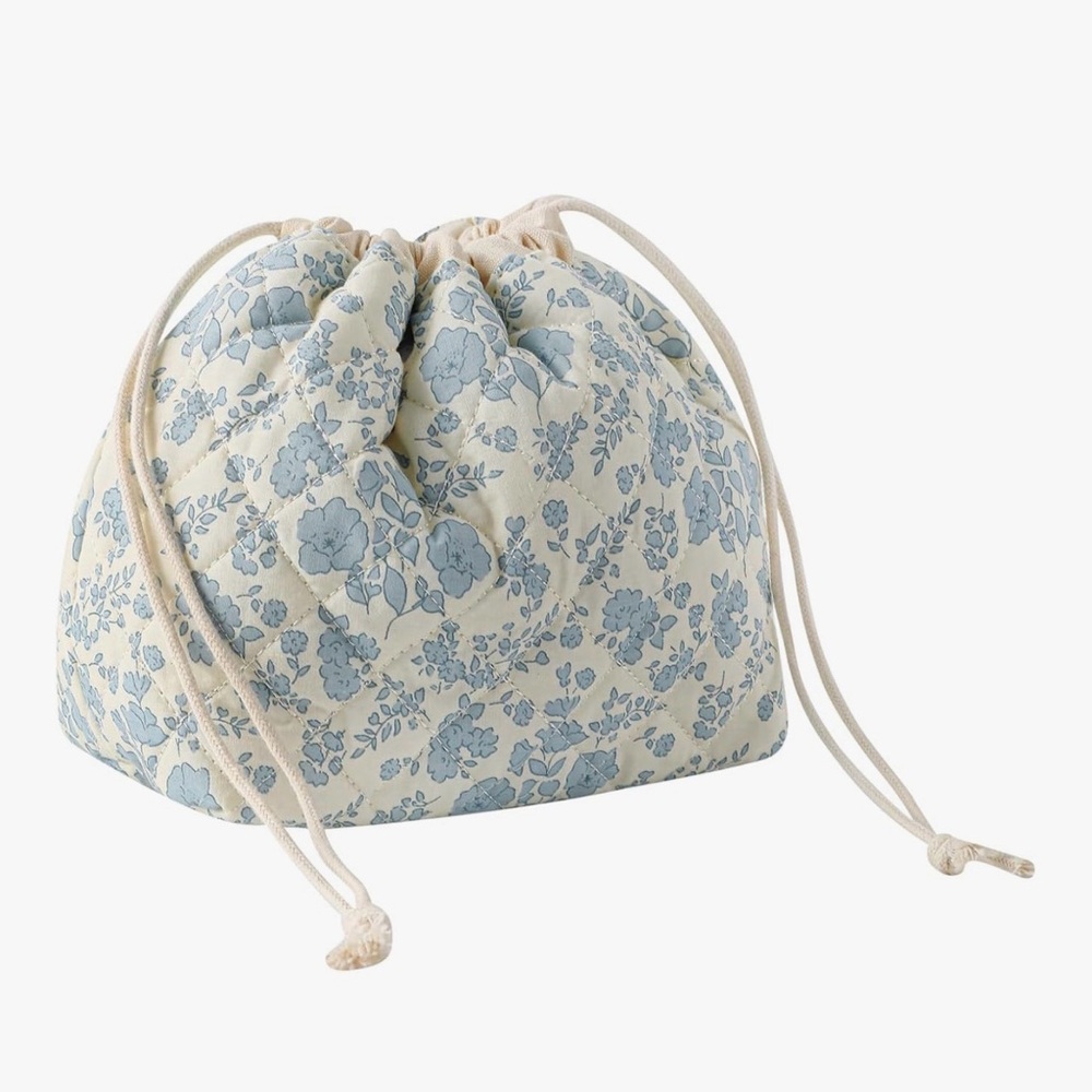 NEW Floral Cotton Quilted Drawstring Makeup Bag with Canvas Lining